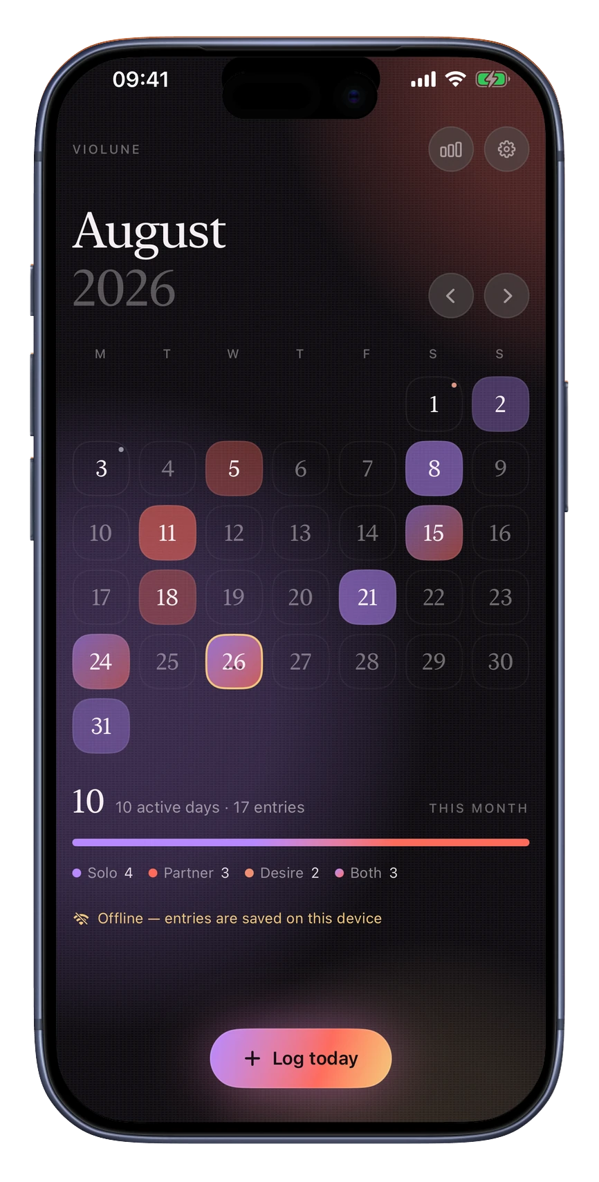 Violune calendar on iPhone — a month of colored activity marks