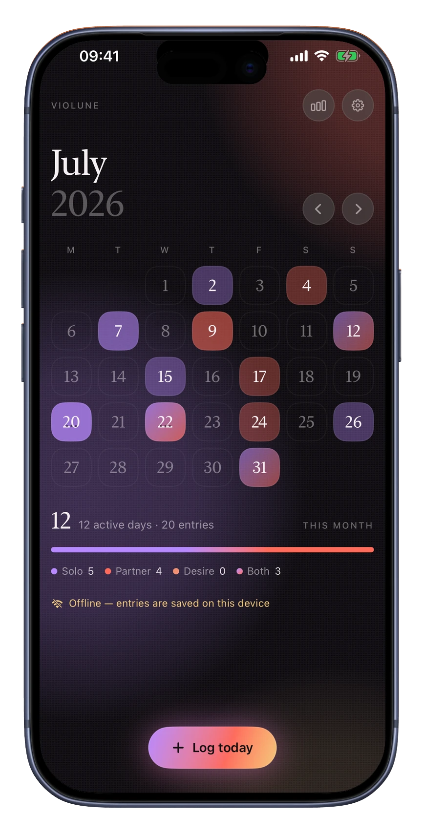 Month view: violet solo days, coral partner days, blended when both